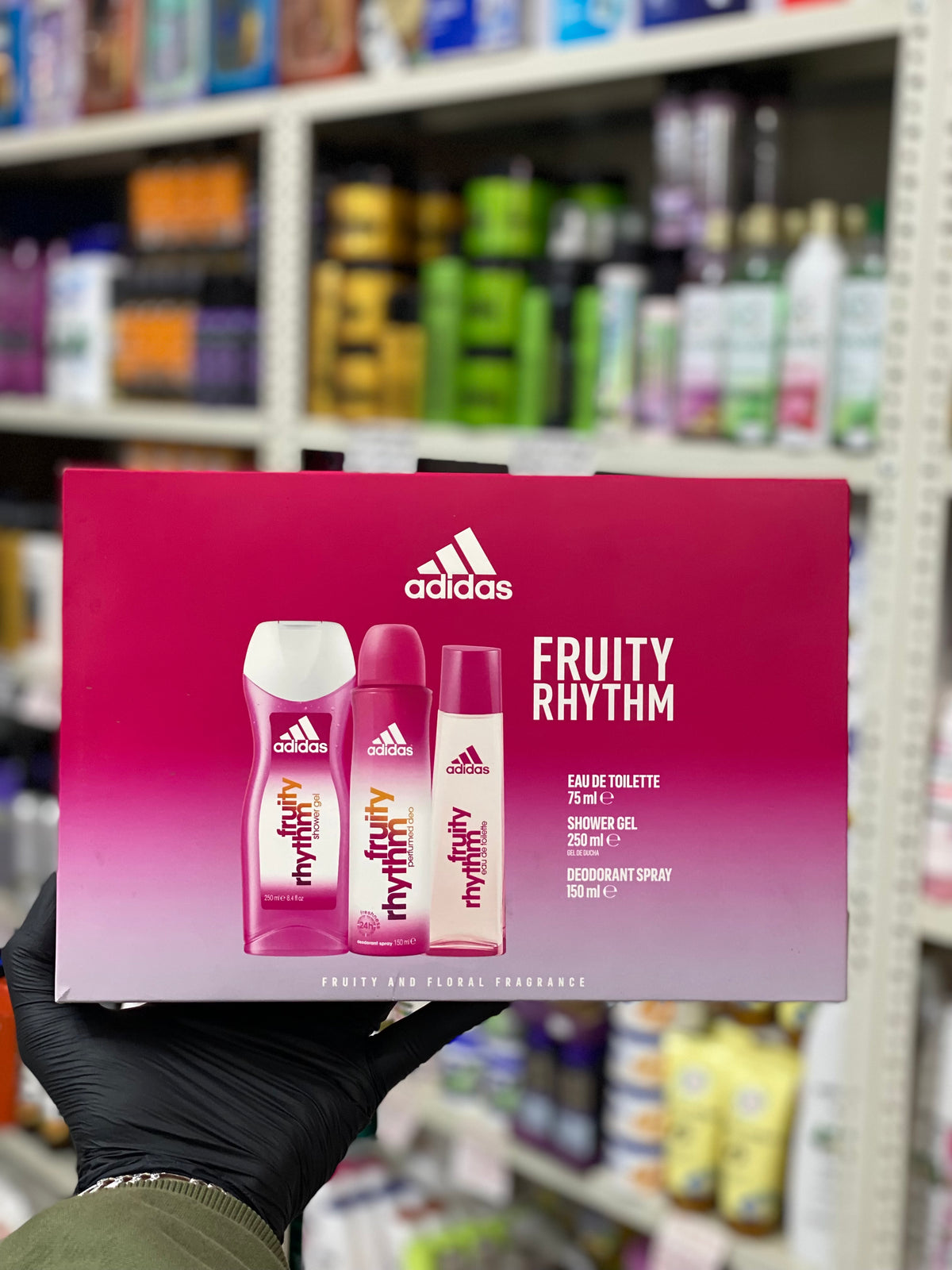 Adidas FRUITY RHYTHM Gift Set For Her 3 Pieces, Eau De Toilette 75ml & Shower Gel 250ml, Deodorant 150ml.