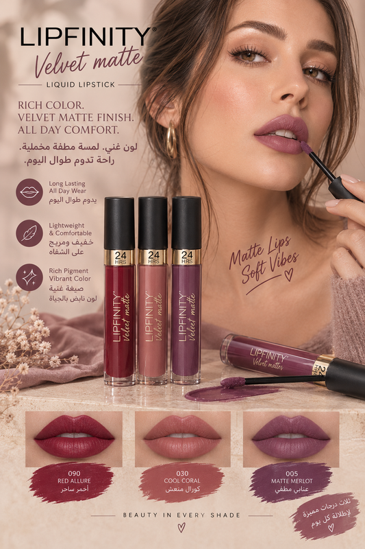 Maxfactor LIPFINITY® Velvet matte LIQUID LIPSTICK RICH COLOR. VELVET MATTE FINISH. ALL DAY COMFORT.
