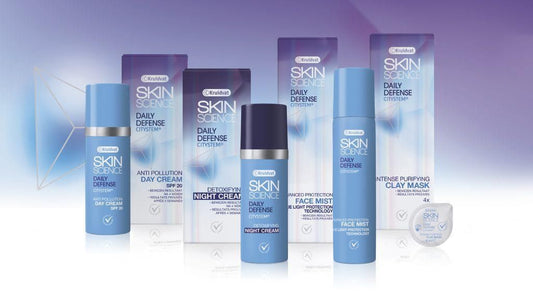 Skin science daily defense citystem: clay mask, face mist, night cream, day cream.