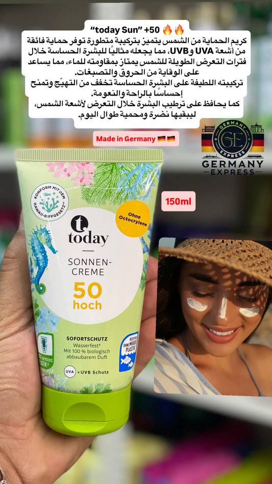 Today Sunscreen SPF 50
Octocrylene-free
Instant protection
Water-resistant
With 100% biodegradable fragrance
UVA + UVB protection . 150ml