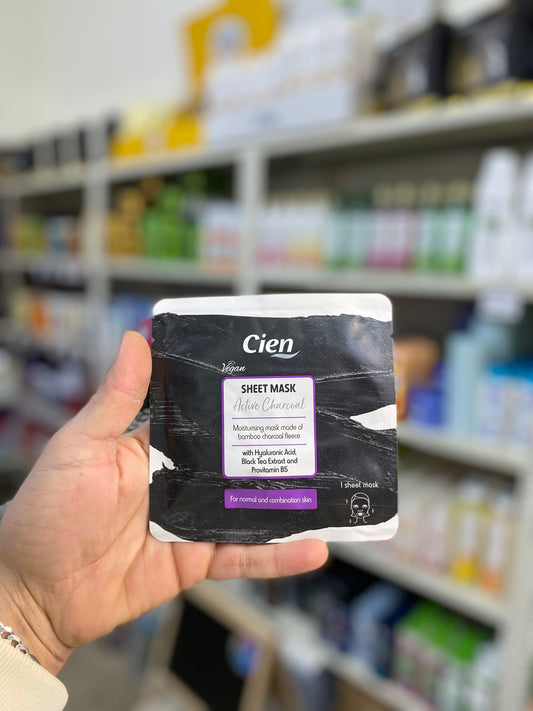 Cien SHEET MASK Active Charcoal with Hyaluronic Acid, Black Tea Extract and Provitamin B5
