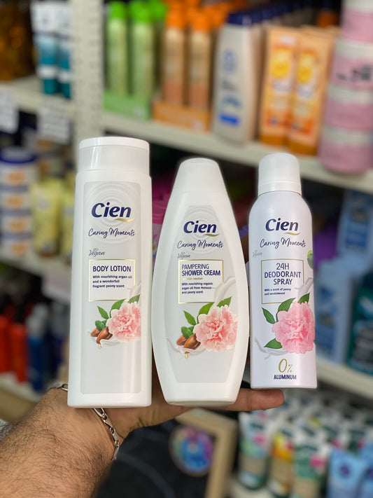 Cien Caring Moments Body Set 3pcs With nourishing argan oil and a wonderfull fragrant peony scent , BODY LOTION 300ml, SHOWER CREAM 300ml, DEODORANT 200ml