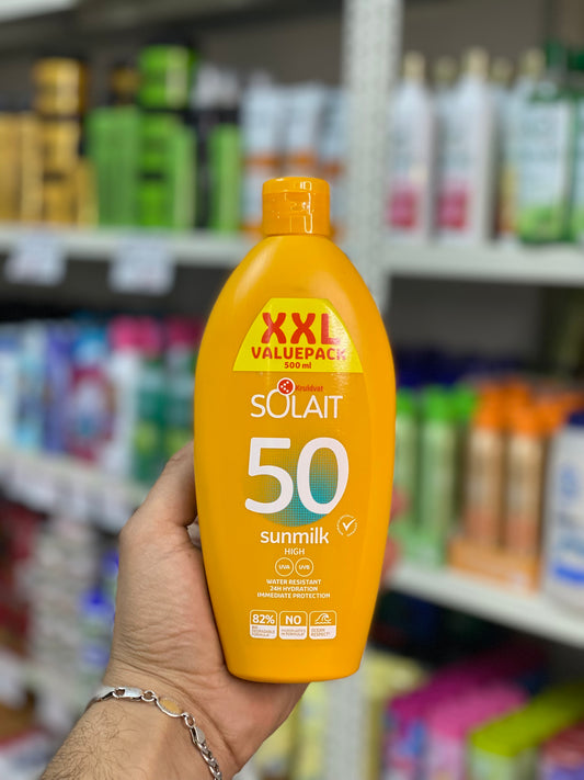 Kruidvat  SOLAIT SUNSCREEN/ 50 HIGH  UVA UVB  protection WATER RESISTANT  24H HYDRATION- 500ml